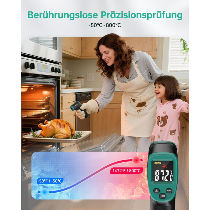 Інфрачервоний термометр ERICKHILL -50℃~800℃: безконтактний лазерний вимірювач температури з LCD-дисплеєм, регульована емісійність. Підходить для приготування їжі, грилю, заморожування, промисловості.