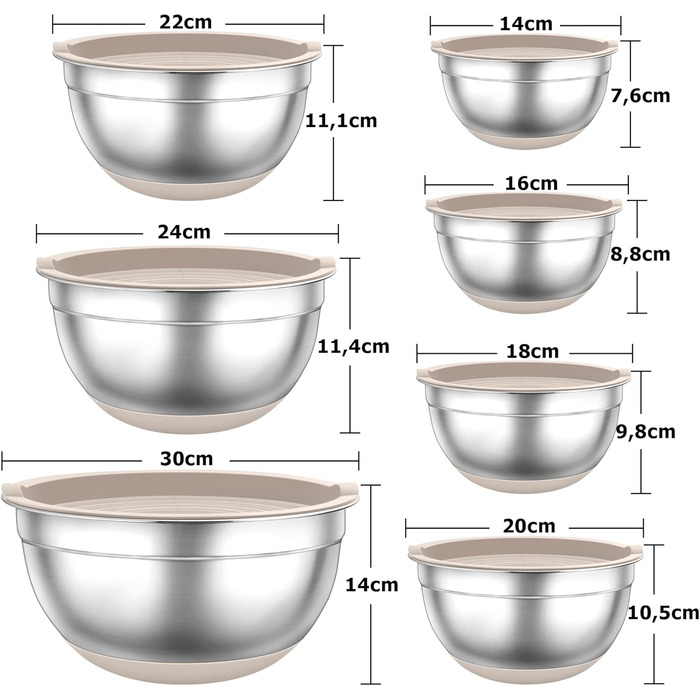 TEAMFAR Mixing Bowl Set, 7-Piece Stainless Steel Bowls Salad Bowls with Airtight Lids and Silicone Bottom, 0.7L/1.2L/1.5L/2.5L/2.8L/3.5L/6.5L, Khaki