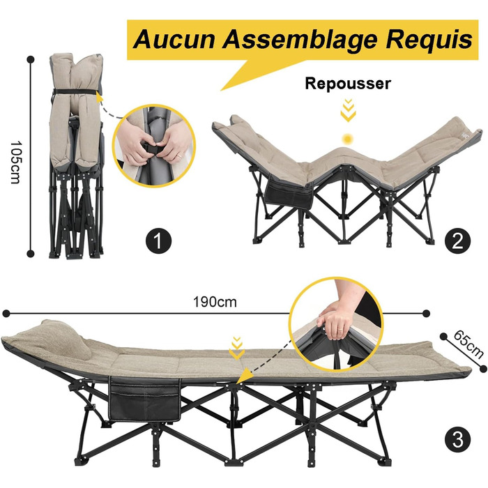 Складне кемпінгове ліжко ATORPOK для дорослих, міцне, до 250 кг, для відпочинку на природі, кемпінгу, подорожей, дому (Хакі)