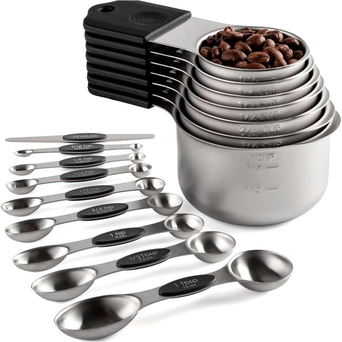 15-Piece Measuring Cup and Spoon Set, 7 Stackable Stainless Steel Measuring Cups, 8 Double-Sided Magnetic Measuring Spoons with 1 Leveler, Kitchen Gadgets for Cooking and Baking