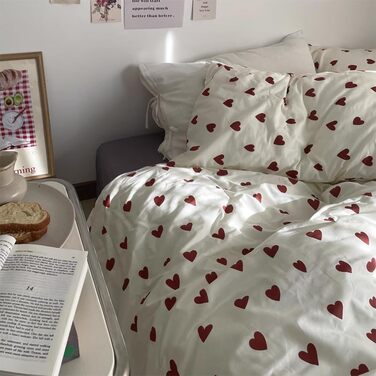 Ashanlan Bedding Set 220x240 Cotton Hearts Red White Duvet Cover Aesthetic Heart Pattern Bedding Set and 2 Pillowcases 80x80 cm Double Bed with Zipper Red Hearts 220x240cm+2x80x80cm