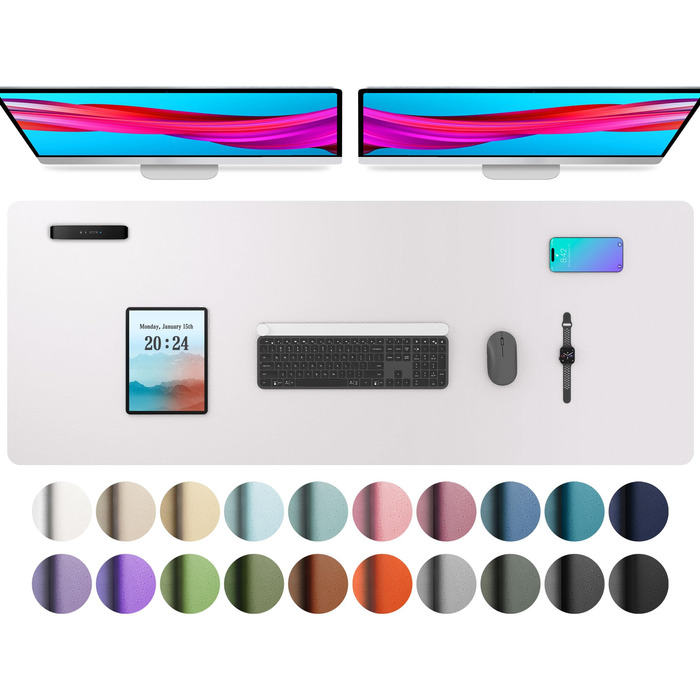 Офісний килимок для миші Aothia з натуральної шкіри та антиковзким покриттям, 91x43 см, Блідо-лавандовий з білим