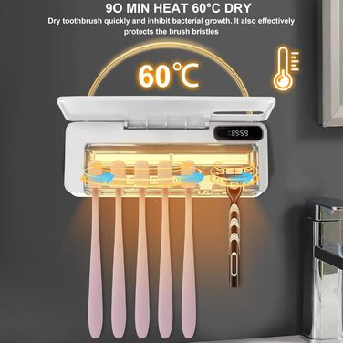 UV Toothbrush Sanitizer with 6 Toothbrush Brush Slots, UV Disinfection Toothbrush Holder with Drying, 2000mAh USB Rechargeable Toothbrush Sanitizer Holder Wall Mounted with 3 Modes for Bathrooms (White)