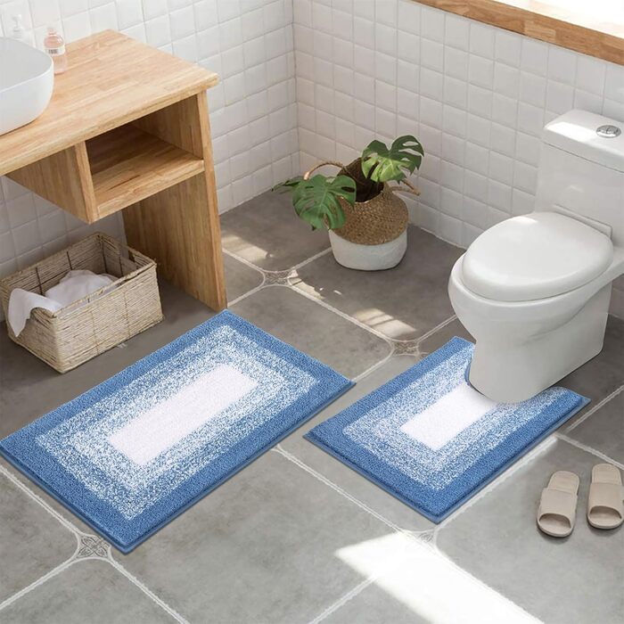 Enyhom Super Soft Microfiber Bath Rugs - Non-Slip, Absorbent, Machine Washable Bath Mats (50x80 + 50x60 cm, Blue)