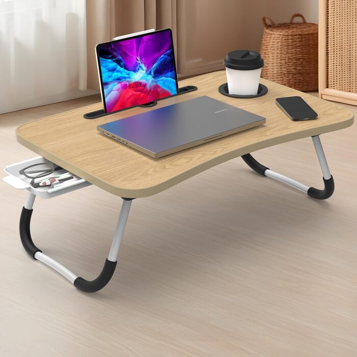 Стіл для ноутбука в ліжко Huracan: регульований, з підстаканником та ящиком (60x40 см, чорний)