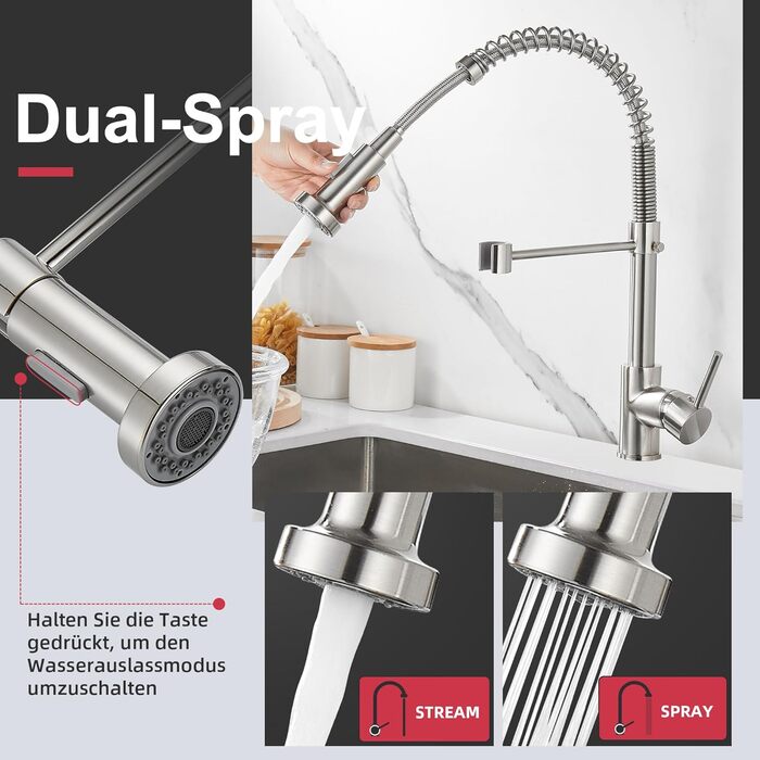 Кран кухонний Cobbe з висувним виливом та душем, 2 режими, поворотний на 360°, високий тиск, матовий нікель