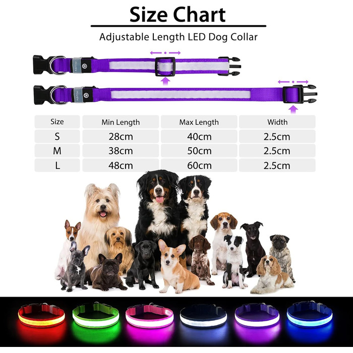 Світлодіодне нашийник для собак Leuchthalsband, вологостійкий, з 7 кольорами, регульований, для малих та великих собак, фіолетовий, 8 режимів, розмір M (38-50 см)