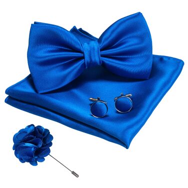 Метелик чоловічий JEMYGINS з шовку сатин, нагрудна хустинка та запонки (синій)