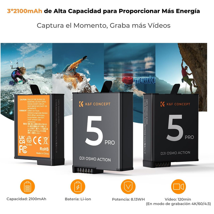 Акумулятор K&F Concept OSMO Action 5 2100mAh + Зарядний пристрій 3-слотовий + Експрес-кейс для карт, сумісний з DJI OSMO Action 5 Pro, Action 4, Action 3 та Osmo 360