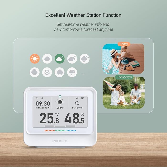 INKBIRD IBS-TH5-WIFI Thermometer, Hygrometer, 8-in-1, WiFi Thermometer, Hygrometer with Electronic Ink Display, Real-Time Weather and Forecast, App Control, Notification Alarm for Home,