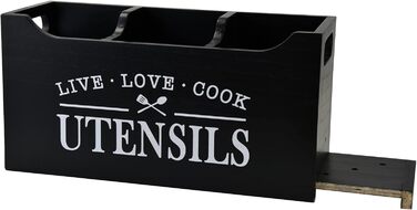 Karisky Kitchen Utensil Holder with Drainage Bottom, Large 3-Compartment Solid Real Wood Utensil Organizer for Countertops, Cooking Tools for Farmhouses for Worktops (Black)