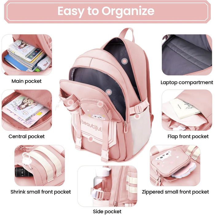 Дитячий рюкзак IvyH для дівчаток – велика місткість, водонепроникний, ідеальний для школи (2-6 клас), рожевий