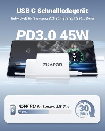 Мережевий зарядний пристрій ZKAPOR з USB-C, 4 порти, 45W, білий. Підходить для iPhone 16/15/14, Samsung Galaxy, Huawei, iPad.