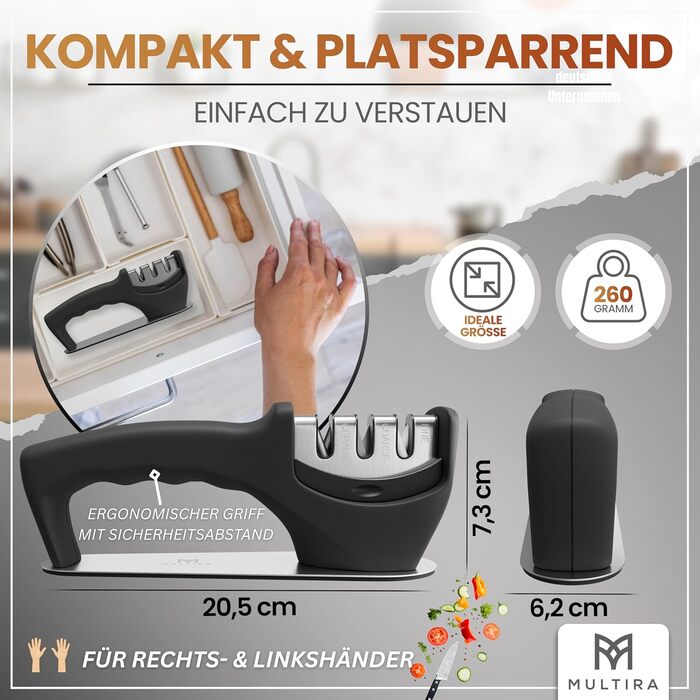 Точилка для ножів 3-ступенева, для сталевих та керамічних лез, з нековзною підкладкою, знімний точильний елемент, для дому та професійного використання, ергономічна ручка