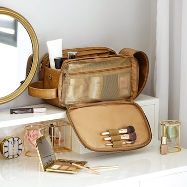 Чоловічий туалетний набір Elviros, подарунок для чоловіків, водонепроникний з PU-шкіри, велика відкрита сумка для подорожей, підходить для подорожей, ділових поїздок, фітнесу, ванної кімнати, колір: тоffee, розмір: L 30,5 x 17 x 18 см