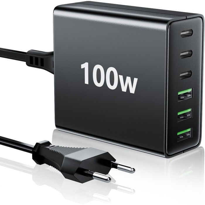 Багатопортовий зарядний пристрій HSSNS USB-C: 100W, 6 портів, швидка зарядка, USB-C та USB-A, для iPad, iPhone та смартфонів, чорний