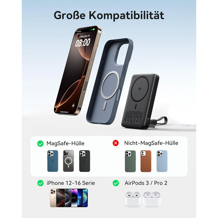 Power Bank Magsafe INIU, Qi2, 45W, 10000mAh, з кабелем USB-C та підставкою, для iPhone 17/16/15/14/13 (Blu)