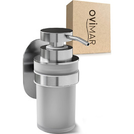 ovimar Soap Dispenser Kegnaes | Silver | Wall Mounting without Drilling | Made of Stainless Steel and White Glass | Extra Large Opening, Easy to Refill | For Bathroom or Kitchen | Hand Sanitizer Dispenser