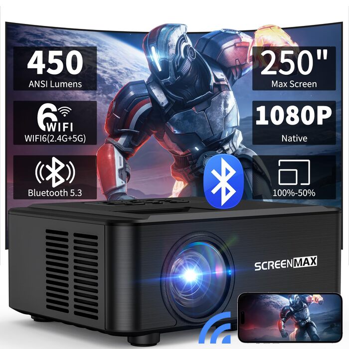 Проектор SCREENMAX для дому та вулиці, 1080P, WiFi 6, Bluetooth 5.3, 50% Zoom, HDMI/AV/Laptop/iPhone, Чорний