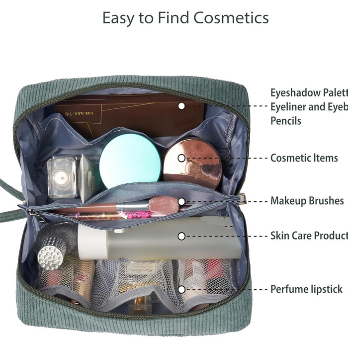 Жіноча косметичка-органайзер з корду, туристична, для подорожей, зелена