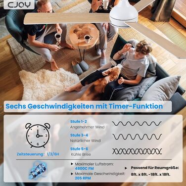 Стеляний вентилятор CJOY з підсвічуванням, 107 см, з пультом керування, тихий, DC, реверсивний, пам'ять 3CCT, диммування, 6 швидкостей, таймер для спальні (132 см, білий)