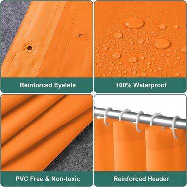 Шторка для душу URAQT, антибактеріальна, водонепроникна, швидковисихаюча, PEVA, 180x180 см, 12 прищіпок, білий/оранжевий