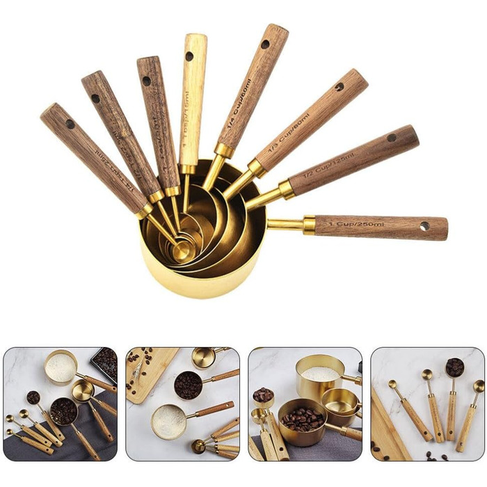 STOBAZA Measuring Cup and Spoon Set of 8 Stainless Steel Pieces, Stackable Measuring Cups and Kitchen Baking Utensils with Wooden Handle for Wine Ingredients, Milk Powder