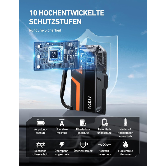 AstroAI MF16 6000A Powerbank для старту авто з компресором 150 PSI, 6000A, 12V, для бензинових/дизельних авто, мотоциклів, SUV, з LED-дисплеєм, помаранчевий