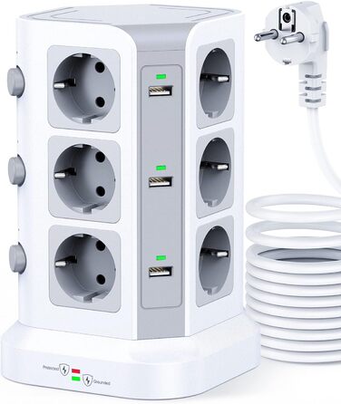 Стедова колонка KOOSLA з 12 розетками, захистом від перенапруги (4000W/16A) та 6 USB, 5м, білий - для офісу, кухні, столу