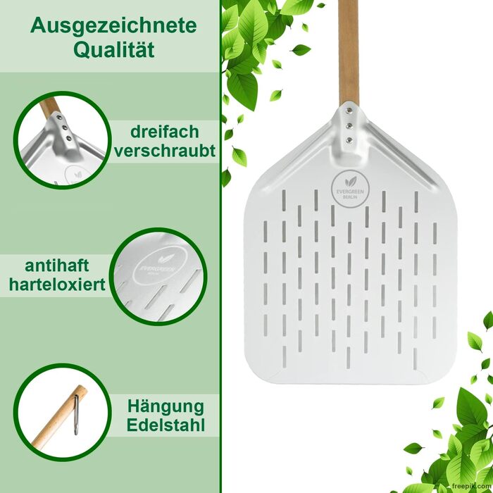 EVERGREEN BERLIN® - Pizza Peel - THE ORIGINAL - Perforated Pizza Peel - Pizza Lifter made of Aluminum and Beechwood - Perforated Pizza Shovel for Pizza Passion - Pizza Turner - Pizza Shovel - Pizza Peel