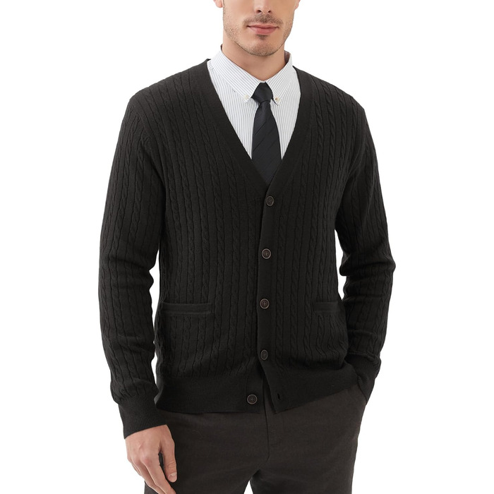 Чоловічий кардиган Kallspin з в'язаного з мікрофібри з косими візерунками, з ґудзиками та кишенями (S, Чорний)