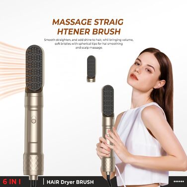 Air Styler 7-в-1: Фен-щітка, плойка, випрямляч. Зібрано 7 функцій у 1 золотому приладі. 110 000 обертів/хв, іонізація, складне зберігання. Ідеально для створення зачісок, локонів та випрямлення волосся.