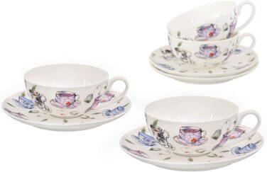Tea cup set made of fine bone china porcelain. 6 teacups, each 150ml, and 6 saucers with a stylish cup design.