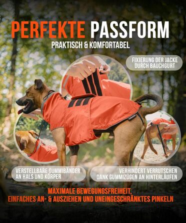 ZAUBERPFOTE® Dog Raincoat London | With extra-long YKK® zipper for collar & harness | For small, medium & large dogs | Waterproof & machine washable | Dog raincoat (Orange, 45)
