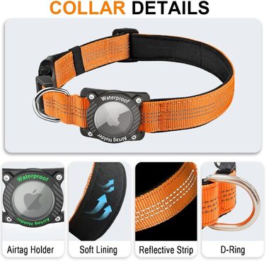 Нашийник для собак з AirTag, водонепроникний чохол, GPS-трекер, сумісний з Apple AirTag, для собак маленьких, середніх та великих порід, S (XL (39.5-55.5 см), помаранчевий)