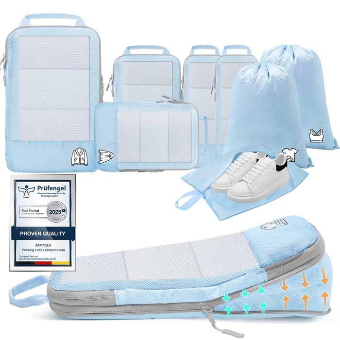 Набір з 8 компресійних органайзерів для валізи, чорний/блакитний