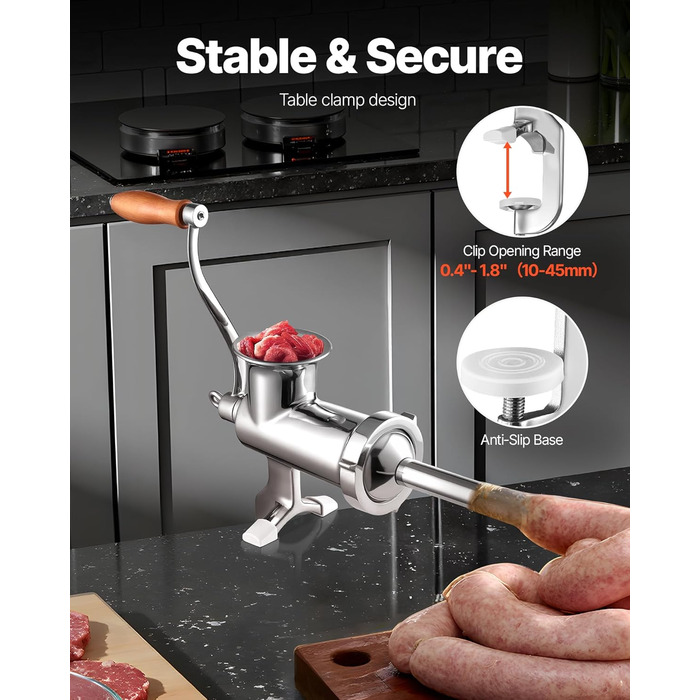 М'ясорубка ручна VEVOR з нержавіючої сталі, з присоскою та насадками для ковбас, для дому, кухні, ресторану, м'ясного магазину #10