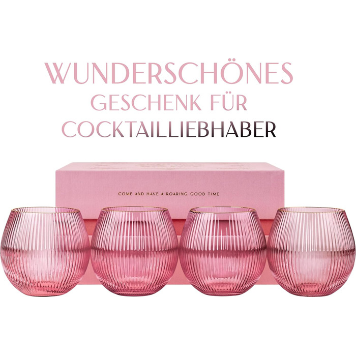 GLASSIQUE CADEAU Набір склянок для джину та тоніку Art Deco, рожеві з золотим кантом, 4 шт, 400 мл | Склянка для коктейлів з кришталю | Подарунковий набір для любителів джину