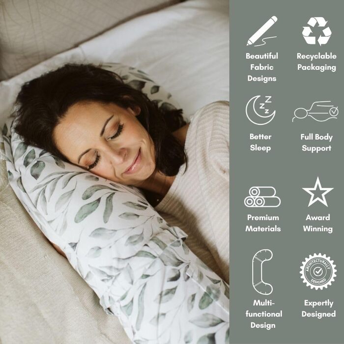 Подушка для вагітних BellaMoon 3-в-1: підтримка всього тіла, C-подібна форма для сну, годування та ліжка для малюка, знімний бавовняний чохол (Waterleaves)