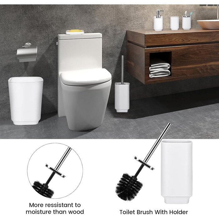 Сучасний 6-частинний набір для ванної кімнати білого кольору з дозатором для мила, тримачем для зубних щіток, мильницею, щіткою для унітазу, сміттєвим відром та склянкою з пластику та металу, білий