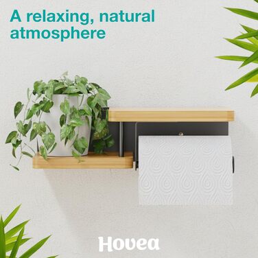 Тримач туалетного паперу Hovea з 2 полицями - настінний, без свердління, метал та дерево, чорний & бамбук