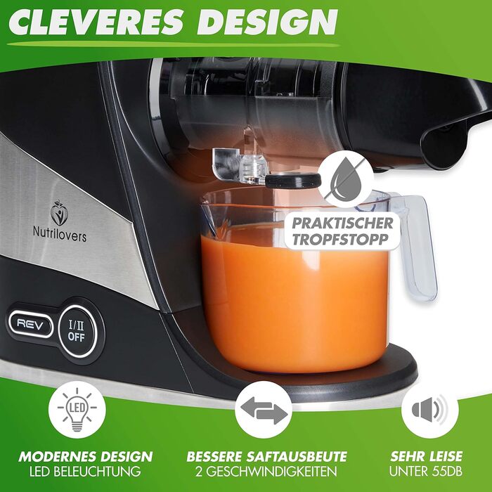 Nutrilovers Slow Juicer Extractor for Fruits and Vegetables - German Brand - Compact Stainless Steel Design, 100% BPA-Free, Easy Cleaning - Includes Recipe E-book + Nutri-App Black Berry (Black)