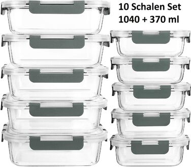Набір контейнерів для зберігання Visario Glas 20 шт (10 скляних банок + 10 кришок) 1040 мл + 370 мл | Жароміцне боросилікатне скло | Герметичні, не протікають | Без BPA | Підходять для мікрохвильовки, духовки та посудомийної машини