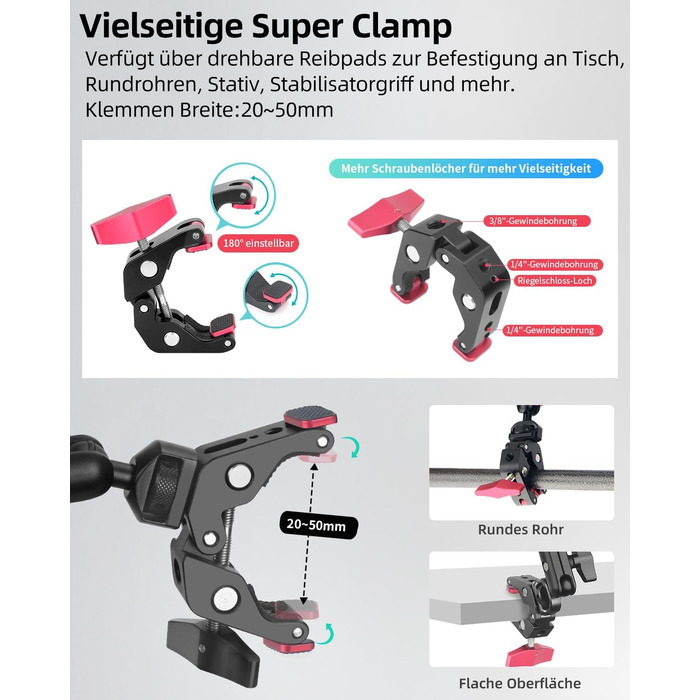 Гнучкий кріплення для камери з супер-зажимом Magic Arm, 56 см, 360° - чорно-червоний