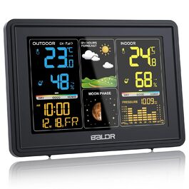 BALDR Weather Station Radio with Outdoor Sensor, Digital Color Display DCF Radio Clock Indoor and Outdoor Thermometer Hygrometer, Radio Weather Station with Weather Forecast, Barometer and Moon Phase, Power Adapter