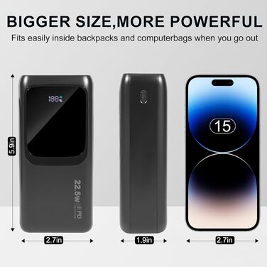 Power Bank 60000mAh 22.5W з LED-ліхтариком та вбудованим кабелем. Швидка зарядка USB-C, сумісний з iPhone, iPad, планшетами. Чорний