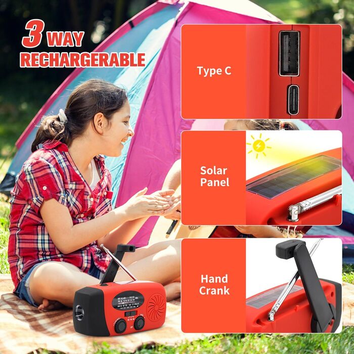 Радіо NOAA iRonsnow 5000 mAh для надзвичайних ситуацій: FM/AM, ручний привід, сонячне, з SOS, LED-ліхтарик, зарядка для телефону, кемпінг, виживання (чорний)