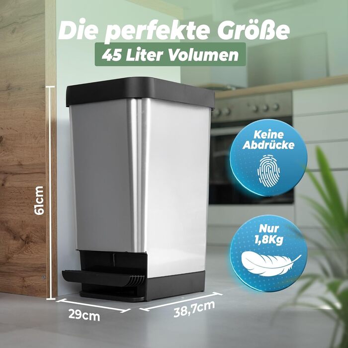 Novaliv Відро для сміття з педальним приводом 45L - сталеве відро для сміття з кришкою, герметичне, для кухні та інших приміщень