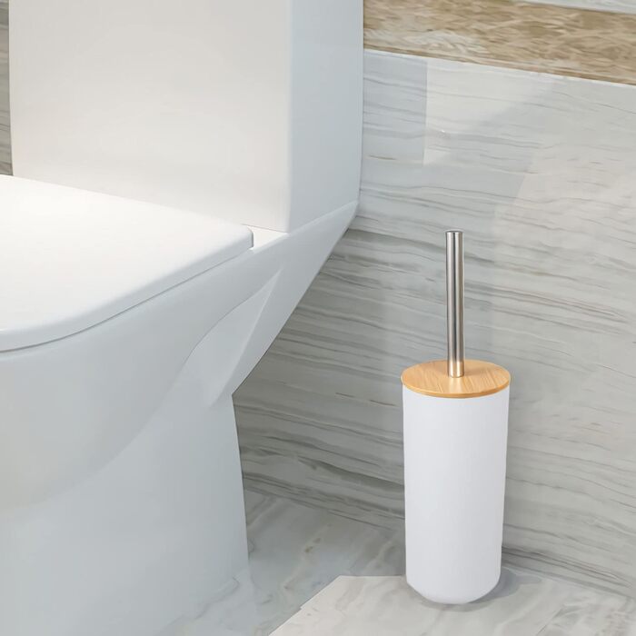 Набір для ванної кімнати MisFox з бамбука (6 предметів): дозатор для лосьйону, сміттєвий контейнер, тримач для зубних щіток, стаканчик для зубної пасти, щітка для туалету, мильниця (білий)