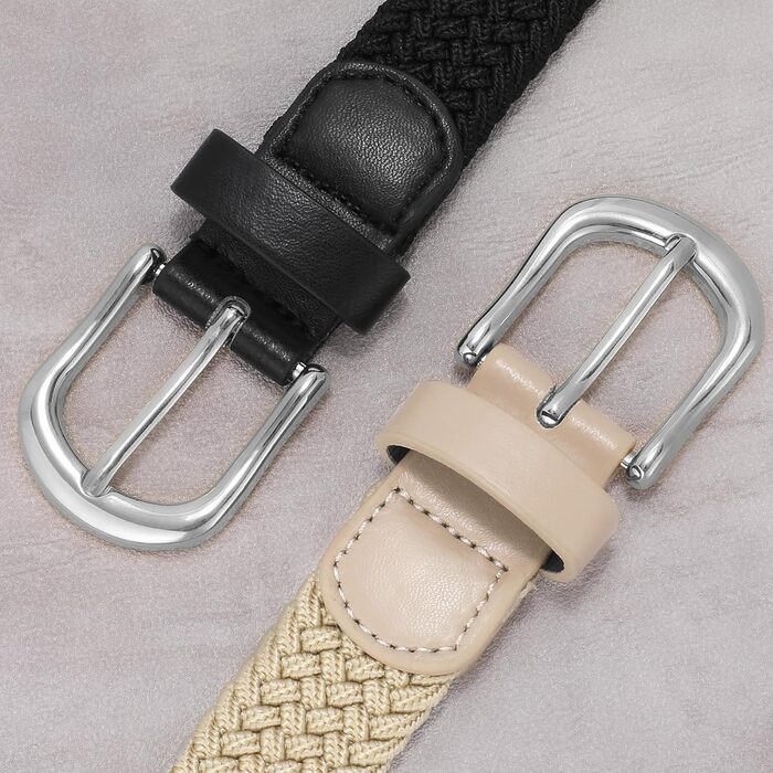 Жіночий плетеный еластичний пояс JASGOOD, льон, 2.5 см, комплект 2 шт. (Чорний + Хакі, срібна пряжка, розмір M до 86 см)